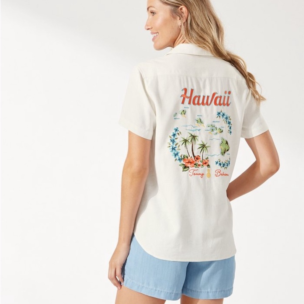 NWT, Tommy Bahama Silk Hawaiian Islands Embroidered Shirt, Size XL